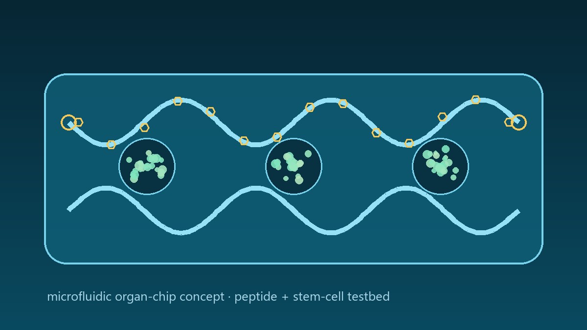 Microfluidic organ-chip concept with cell wells and peptide signals flowing through serpentine channels — PepStemChip, Panacea Bio Chem
